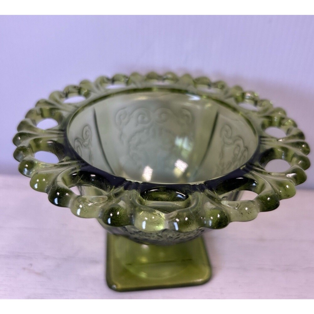 Vintage Indiana Glass Lorain Basket Avocado Green Footed Compote Lace Edge